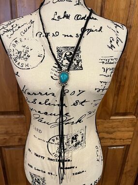 Crazy Train Turquoise Teardrop Lariat with Black Braided Cord